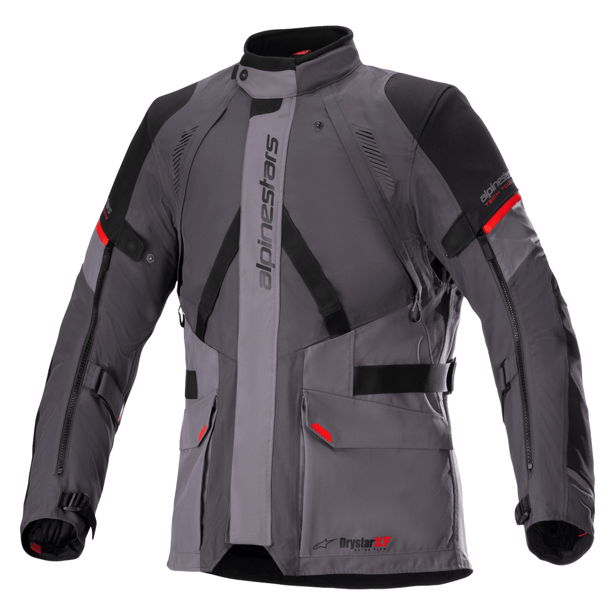 Alpinestars Monteira Drystar XF Jacke, Motorrad-Tourenjacke, Dunkelgrau und Teergrau mit schwarzen Einsätzen und leuchtend roten Akzenten, mit vorderen Cargo-Taschen, verstellbaren Taillen- und Armriemen, vertikalem Alpinestars-Schriftzug und hohem Kragen, entwickelt für Adventure-Fahrten