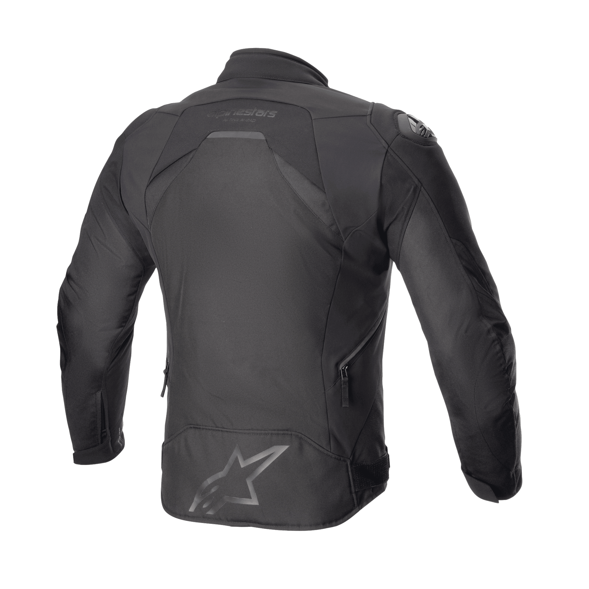 Alpinestars T-GP R V3 Drystar® Jacket, Motorcycle Sport Textile Jacket, Black Black, Rear view showing sleek 3D-tailored silhouette with large star logo on the lower back and Alpinestars wordmark near the collar, featuring side ventilation zippers.