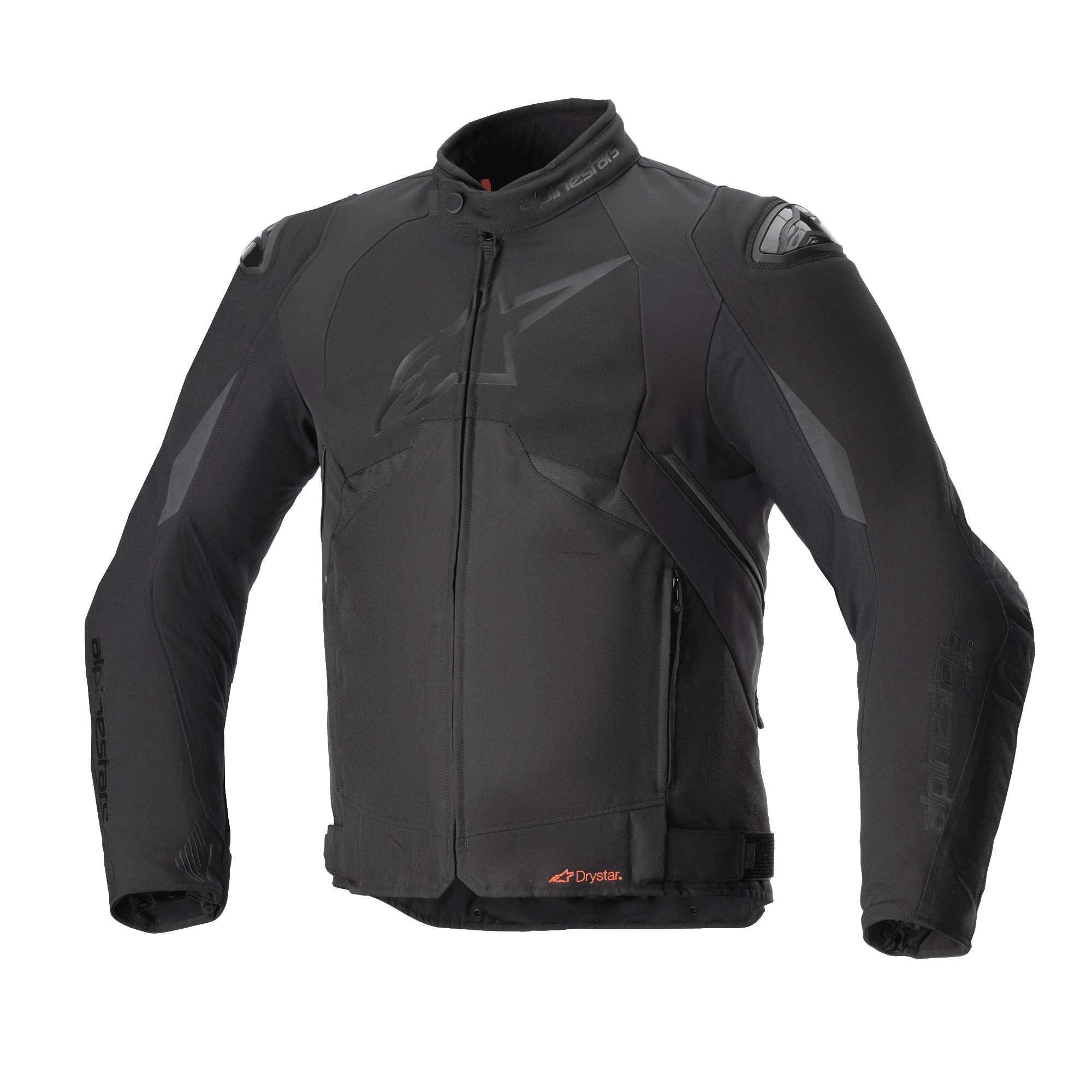 Alpinestars T-GP R V3 Drystar Jacket, All Black Sport Textile Motorcycle Jacket, Front View, subtle matte logo on chest, orange Drystar branding at the waist, DFS shoulder sliders, waterproof and breathable technical gear
