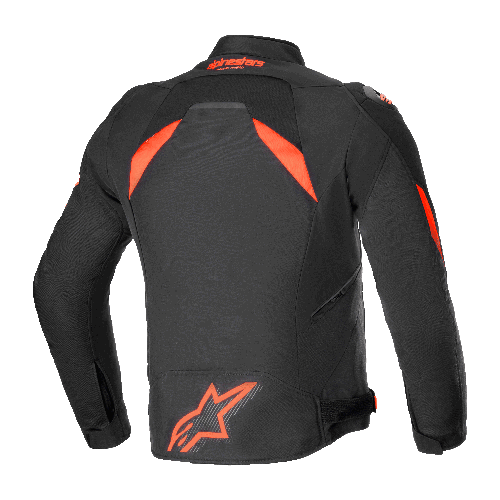 Alpinestars T-GP R V3 Drystar® Jacket, Waterproof Sport Textile Motorcycle Jacket, Black and Red Fluo, rear view featuring a large fluorescent logo on the lower back and high-visibility shoulder panels, technical race-derived design