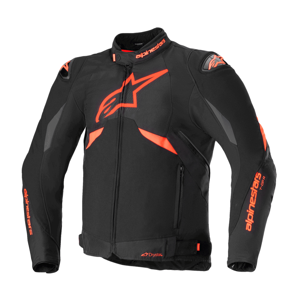 Alpinestars T-GP R V3 Drystar Jacket, Sport Textile Motorcycle Jacket, Black and Red Fluo, featuring grey shoulder panels, large star logo on chest, DFS shoulder sliders, and waterproof Drystar construction