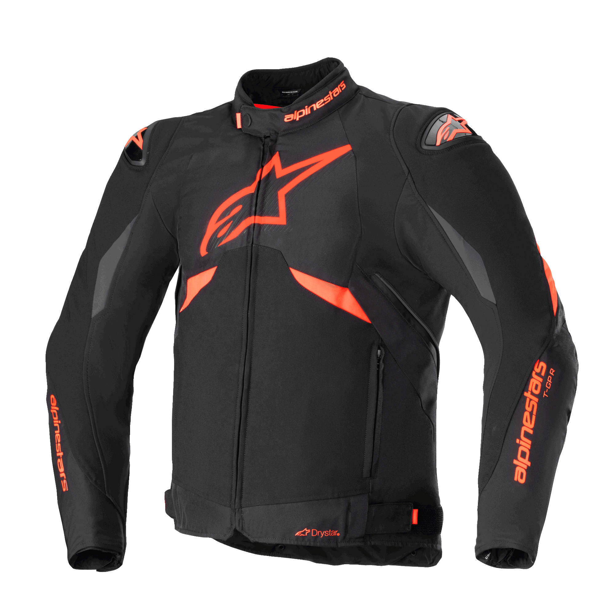 Alpinestars T-GP R V3 Drystar Jacket, Sport Textile Motorcycle Jacket, Black and Red Fluo, featuring grey shoulder panels, large star logo on chest, DFS shoulder sliders, and waterproof Drystar construction