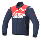 Alpinestars Honda SMX Waterproof Softshell Jacket, Motorcycle Jacket, Night Navy, Black, and Bright Red, featuring white Alpinestars and Honda branding on the chest, high collar, front zipper, and sleek water-resistant textile material