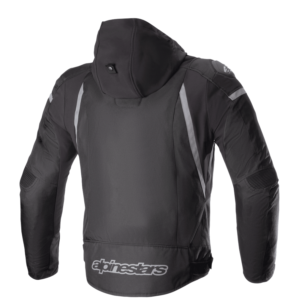 Alpinestars Zaca Waterproof Jacket, Black and Dark Gray, rear view featuring a detachable hood, gray reflective accents, and the Alpinestars logo on the lower back, textile motorcycle sport jacket
