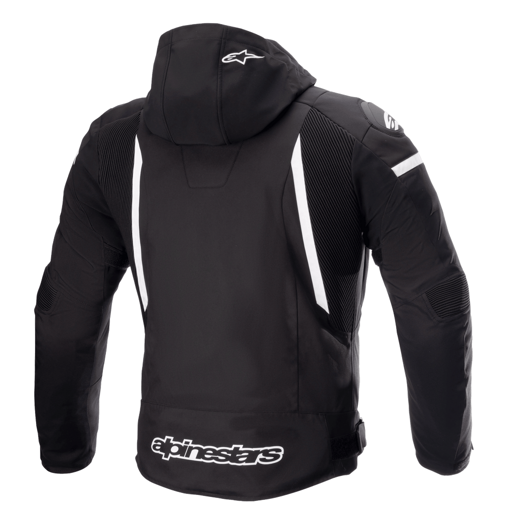 Alpinestars Zaca Waterproof Jacket, Motorcycle Jacket, Black and White, rear view showing detachable hood with white star logo, vertical white stripes on the back, Alpinestars branding on the lower hem, and ribbed stretch panels for mobility.
