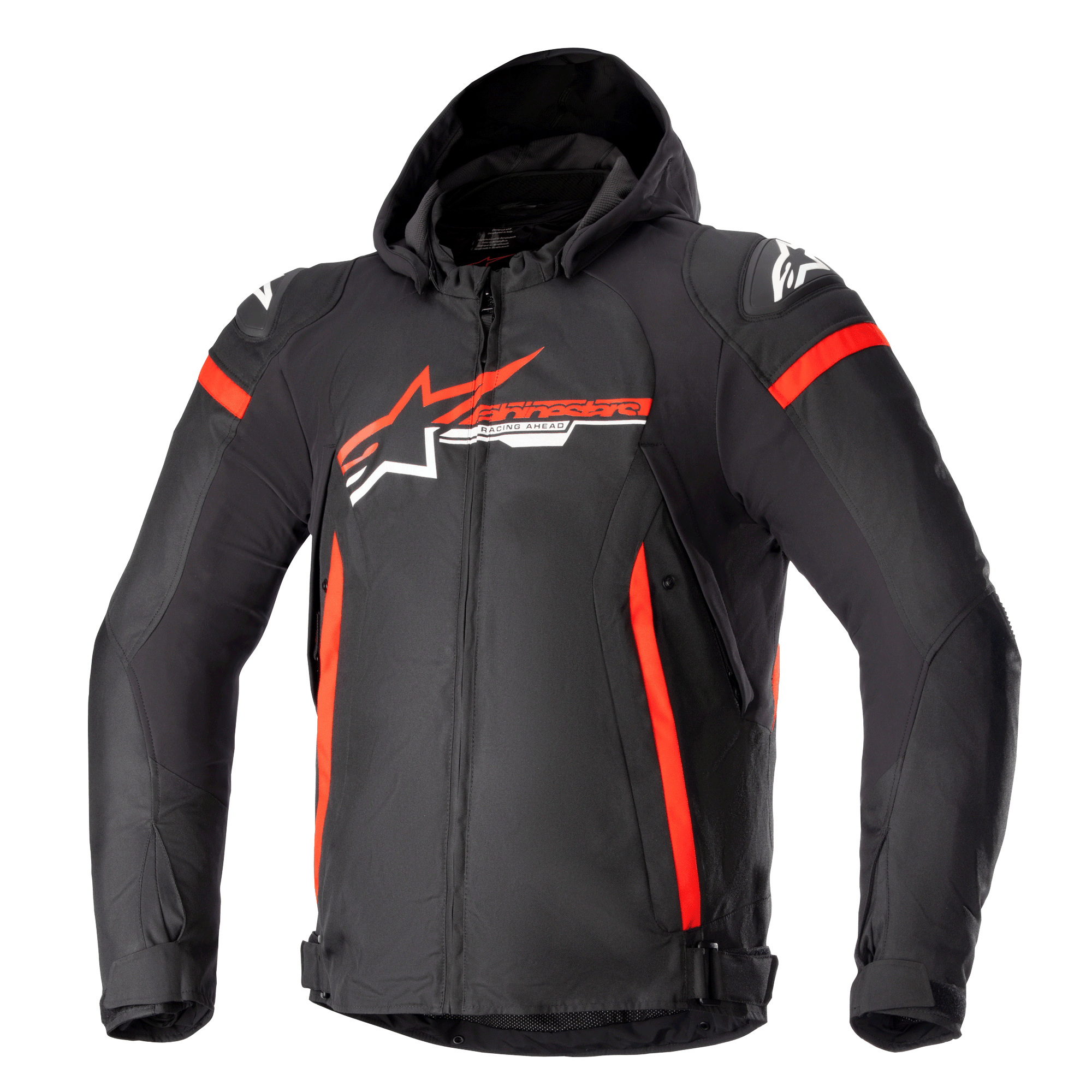 Alpinestars Zaca Waterproof Jacket, Black with Bright Red and White accents, hooded textile motorcycle jacket with front zipper, vertical red side stripes, Alpinestars star logo on chest, protective shoulder armor, all-weather sport riding gear