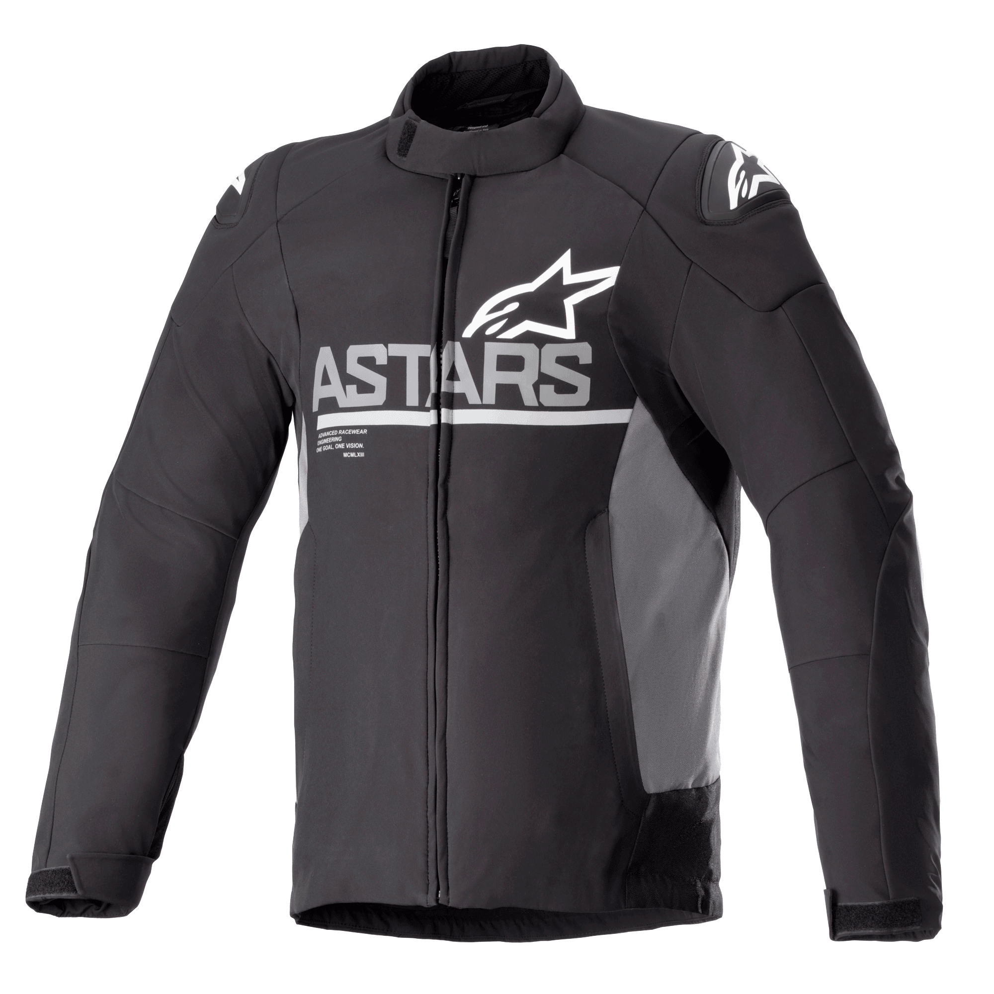 Alpinestars SMX Waterproof Jacket, Motorcycle Jacket, Black with Dark Gray side panels, white ASTARS chest logo and shoulder star logos, textile and softshell construction, full front zipper, high collar, and adjustable velcro cuffs