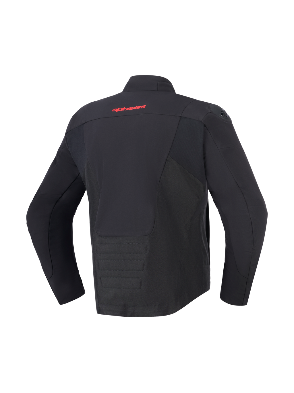 Alpinestars SMX Waterproof Jacket, Black, back view featuring red Alpinestars logo on upper back, elongated rear hem for coverage, textile and softshell paneling, protective motorcycle gear for road and sport riding.