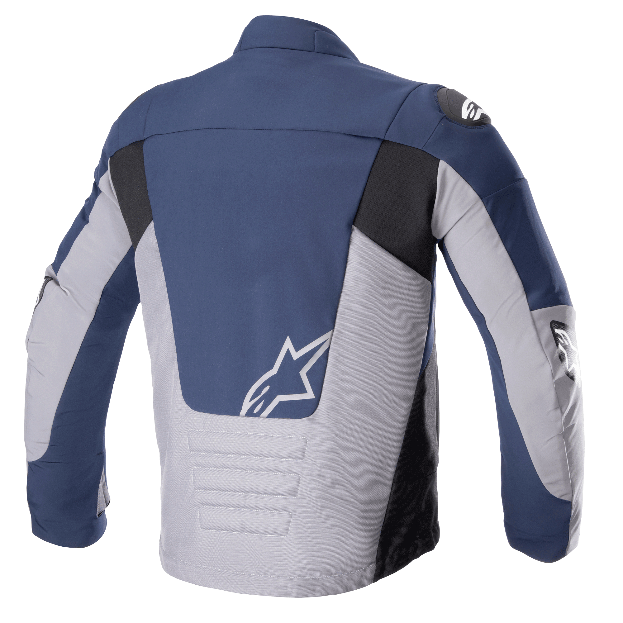 Alpinestars SMX Waterproof Jacket, Rear View, Night Navy and Dark Gray, featuring color-blocked panels in navy blue and light gray with black accents, white star logo on the lower back, and padded horizontal stitch detailing.
