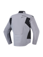 Alpinestars SMX Waterproof Jacket in Dark Gray Black, rear view showing textile and softshell construction, Alpinestars logo and graphic on the upper back, black side panels, and elongated rear profile for riding coverage, sporty motorcycle road jacket.