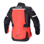 Alpinestars Honda Bogotá Pro Drystar® Jacke, Rückansicht, Hellrot und Schwarz, Adventure-Tourenmotorradjacke mit HONDA- und TECH TOURING-Branding, großes rotes Rückenteil mit verstellbaren Riemen und reflektierenden Details.