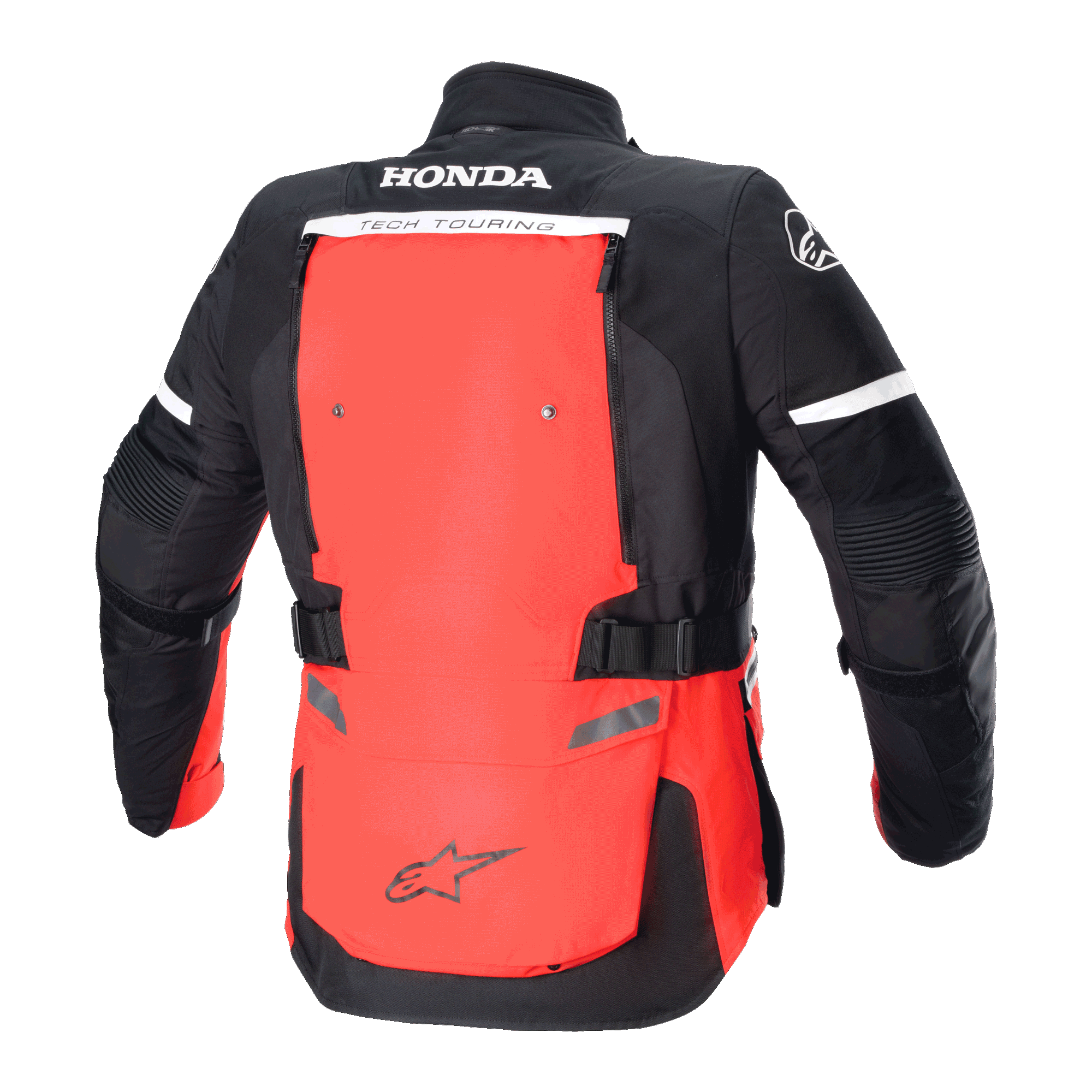 Alpinestars Honda Bogotá Pro Drystar® Jacke, Rückansicht, Hellrot und Schwarz, Adventure-Tourenmotorradjacke mit HONDA- und TECH TOURING-Branding, großes rotes Rückenteil mit verstellbaren Riemen und reflektierenden Details.