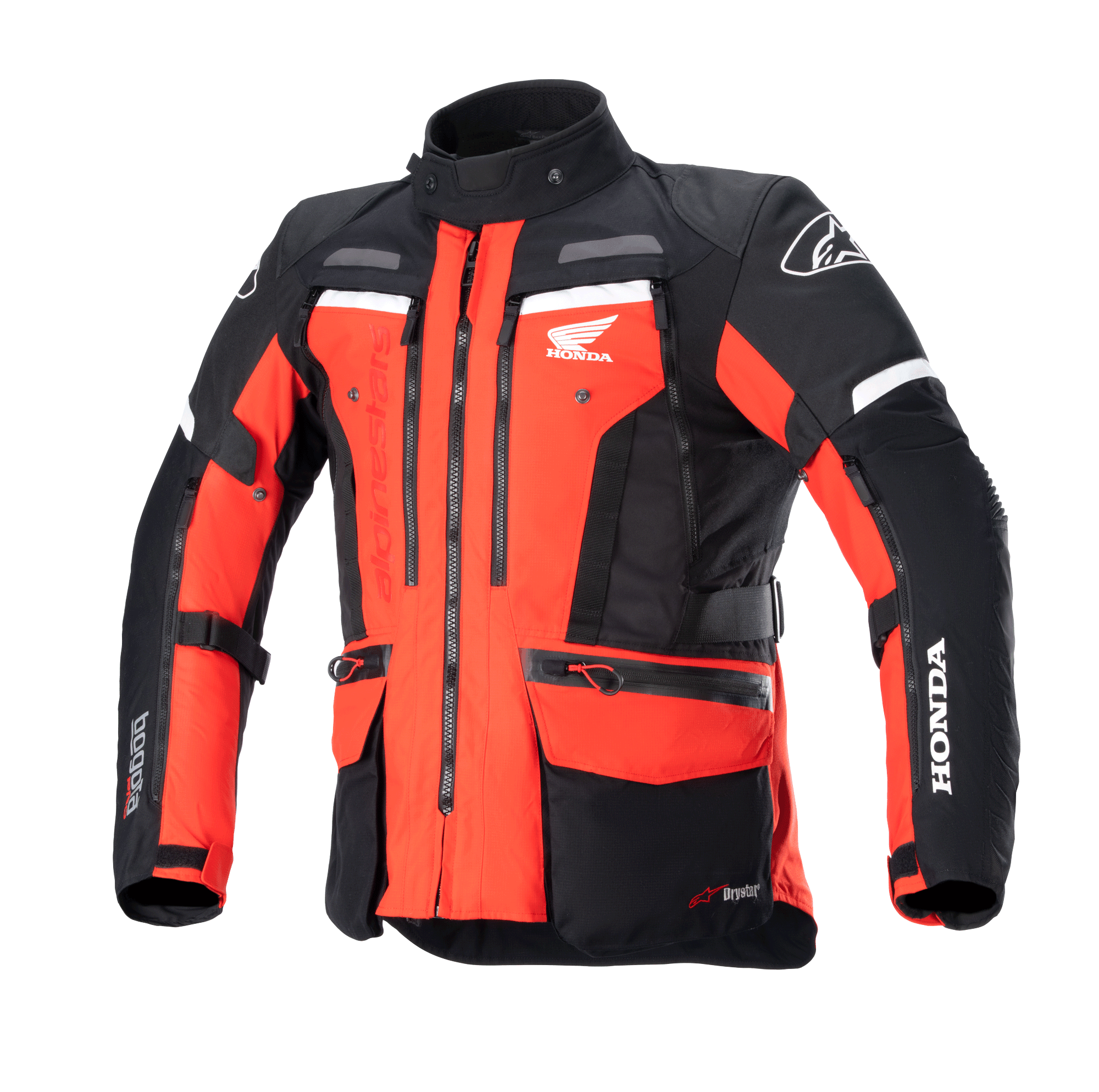 Alpinestars Honda Bogotá Pro Drystar® Jacke, Motorrad-Adventure-Tourenjacke, Leuchtendes Rot und Schwarz mit weißen Akzenten, mit mehreren Reißverschlüssen, Funktionstaschen, verstellbaren Riemen sowie Honda und Alpinestars Branding