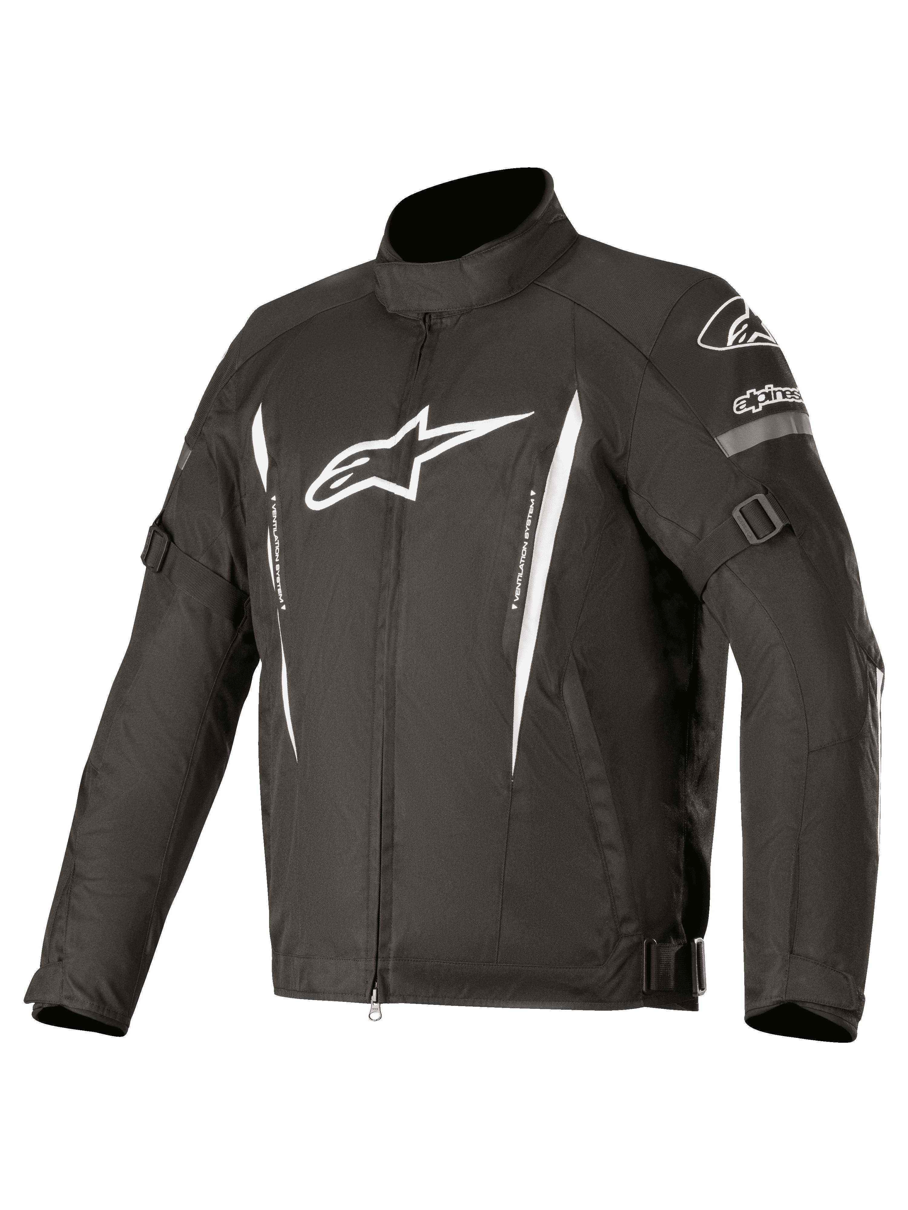 Alpinestars Gunner V2 Waterproof Jacket, Black textile motorcycle jacket with white logos and vertical stripes, features adjustable arm and waist straps, high collar, front zipper, durable waterproof riding protection