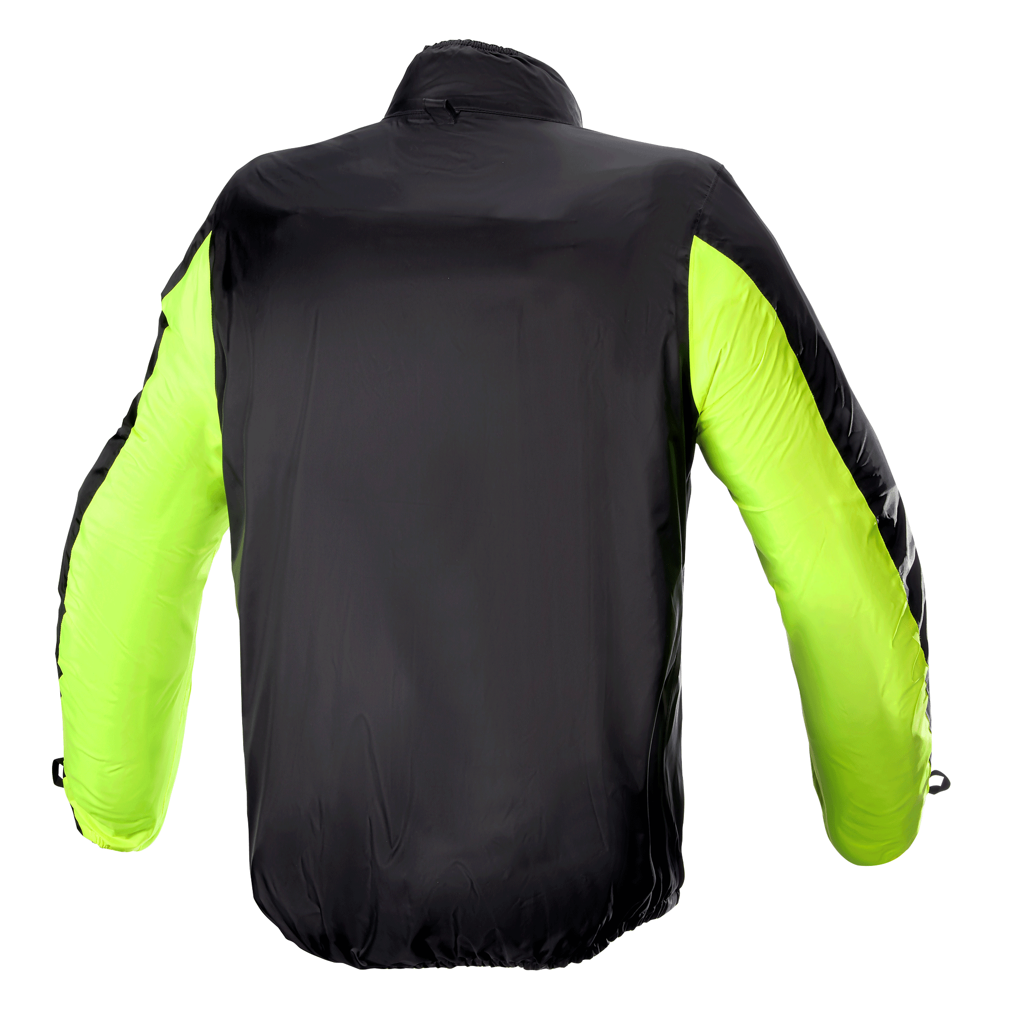 Alpinestars Bogota' Pro Drystar® Jacket Rain Cover, Rear View, Black with Fluorescent Yellow sleeves, lightweight waterproof construction for high-visibility and weather protection