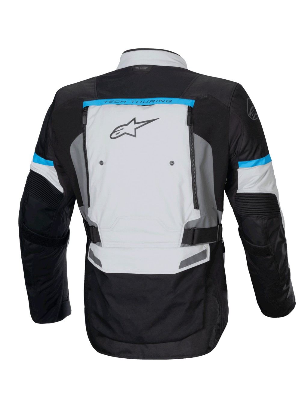 Alpinestars Bogotá Pro Drystar Jacke, Adventure Motorradjacke für Herren, Rückansicht in Eisgrau und Schwarz mit Cyan-Akzenten, Tech-Air® Ready, wasserdicht, mit Belüftungspanelen am Rücken.