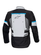 Alpinestars Bogotá Pro Drystar Jacke, Adventure Motorradjacke für Herren, Rückansicht in Eisgrau und Schwarz mit Cyan-Akzenten, Tech-Air® Ready, wasserdicht, mit Belüftungspanelen am Rücken.