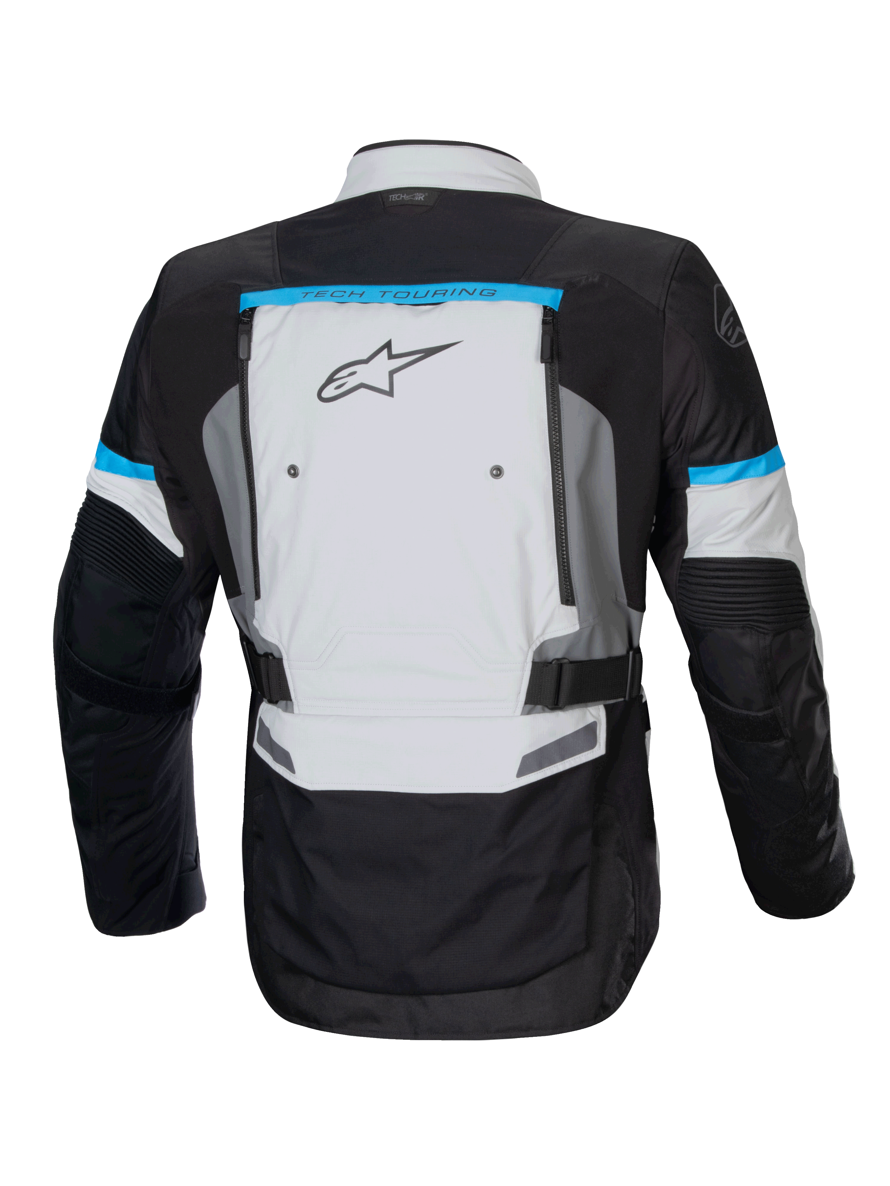 Alpinestars Bogotá Pro Drystar Jacke, Adventure Motorradjacke für Herren, Rückansicht in Eisgrau und Schwarz mit Cyan-Akzenten, Tech-Air® Ready, wasserdicht, mit Belüftungspanelen am Rücken.