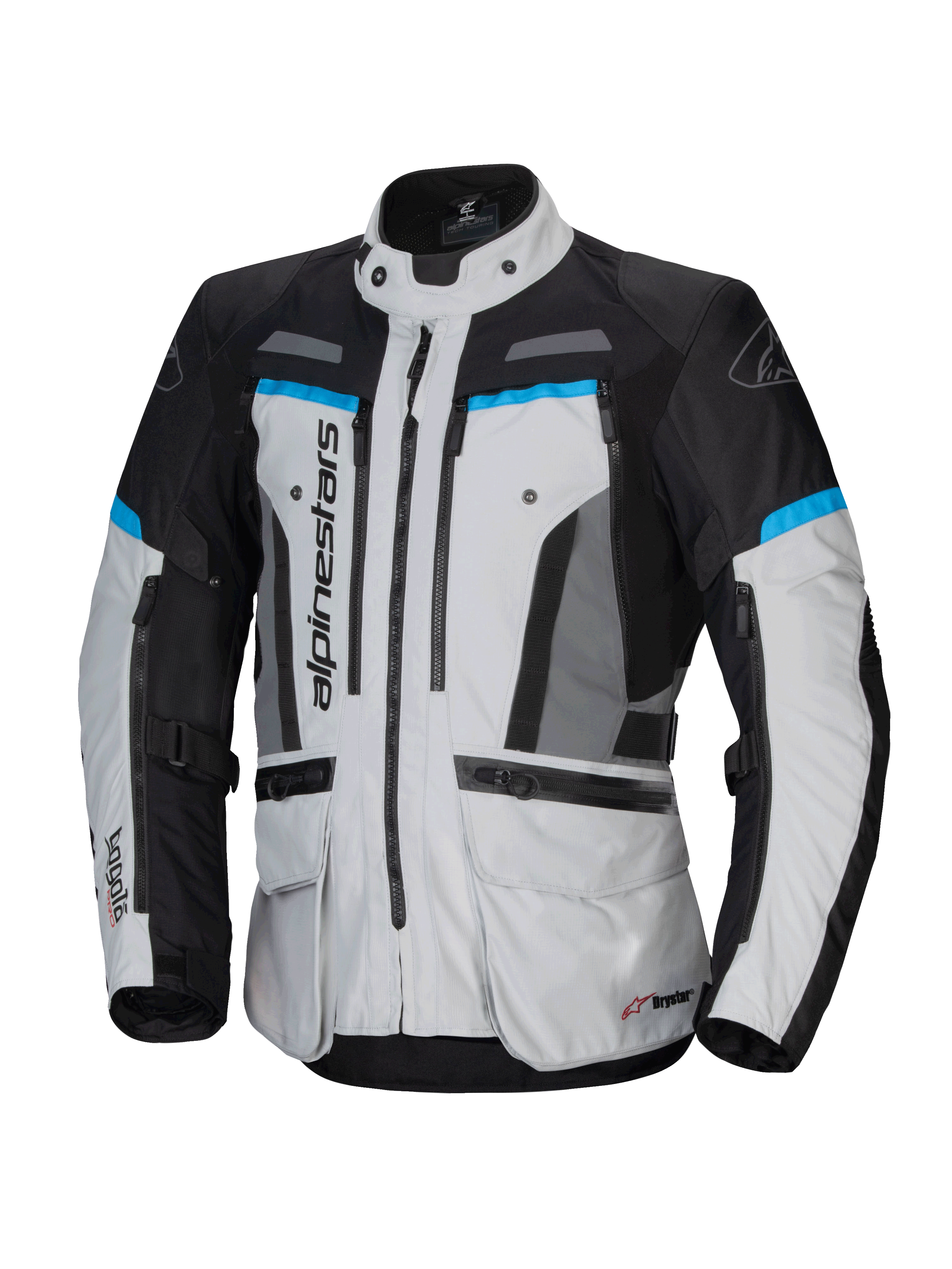 Alpinestars Bogota' Pro Drystar® Jacke, wasserdichte Adventure-Touring-Herrenjacke, Eisgrau und Schwarz mit Cyan-Akzenten