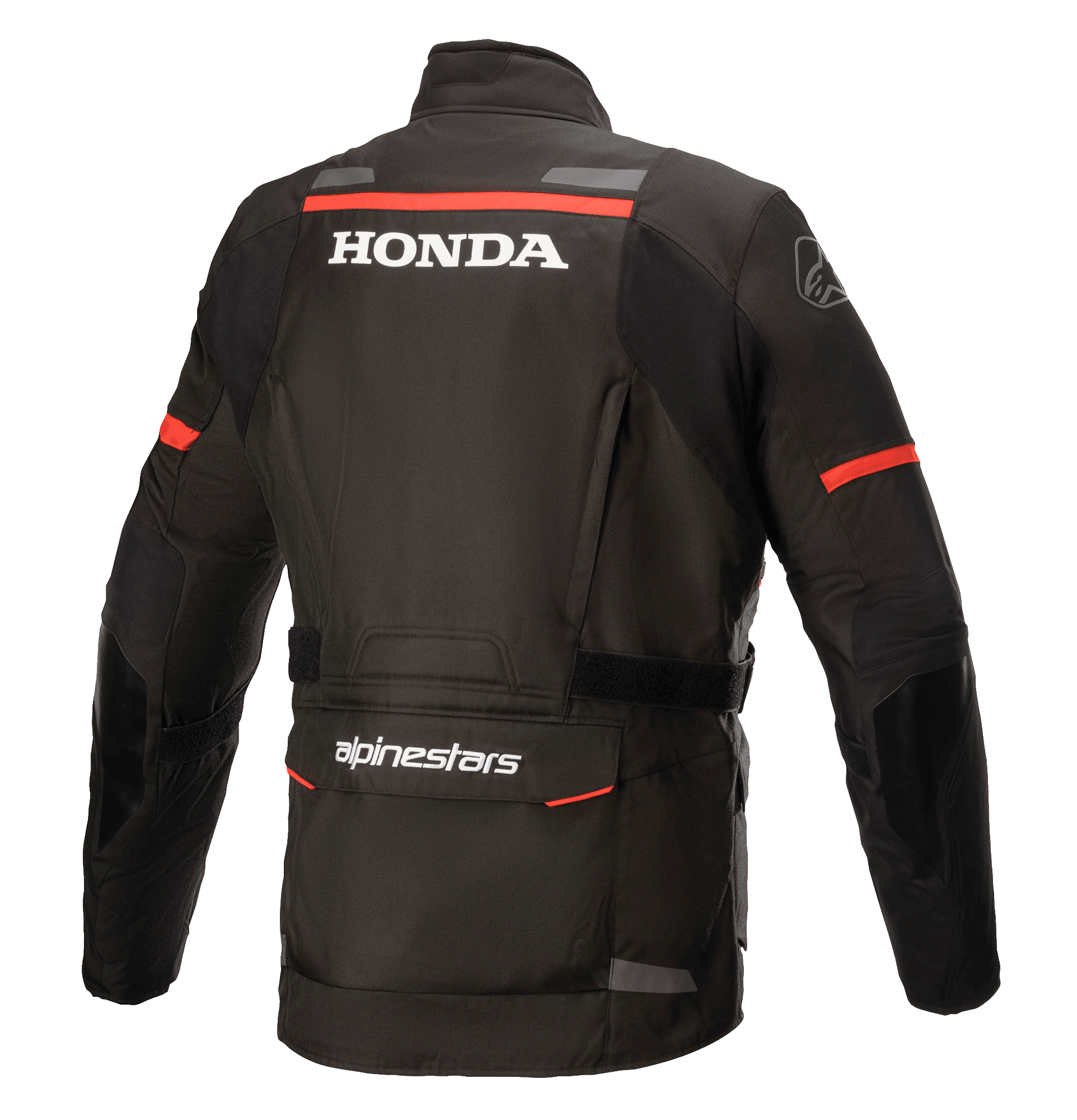 Alpinestars Honda Andes V3 Drystar® Jacke, Schwarz, Rückansicht mit weißem Honda und Alpinestars Branding, roten Akzentstreifen an den Schultern und Ärmeln, Adventure-Touren-Motorradjacke mit reflektierenden Details und einer großen Rückentasche.