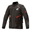 Honda Andes V3 Drystar Jacke, Motorrad-Tourenjacke, Schwarz mit roten Akzenten, Vorderansicht mit großen Cargotaschen und verstellbaren Riemen, technische Textilkonstruktion mit Honda-Flügel und Alpinestars-Logos, Adventure-inspiriertes Design