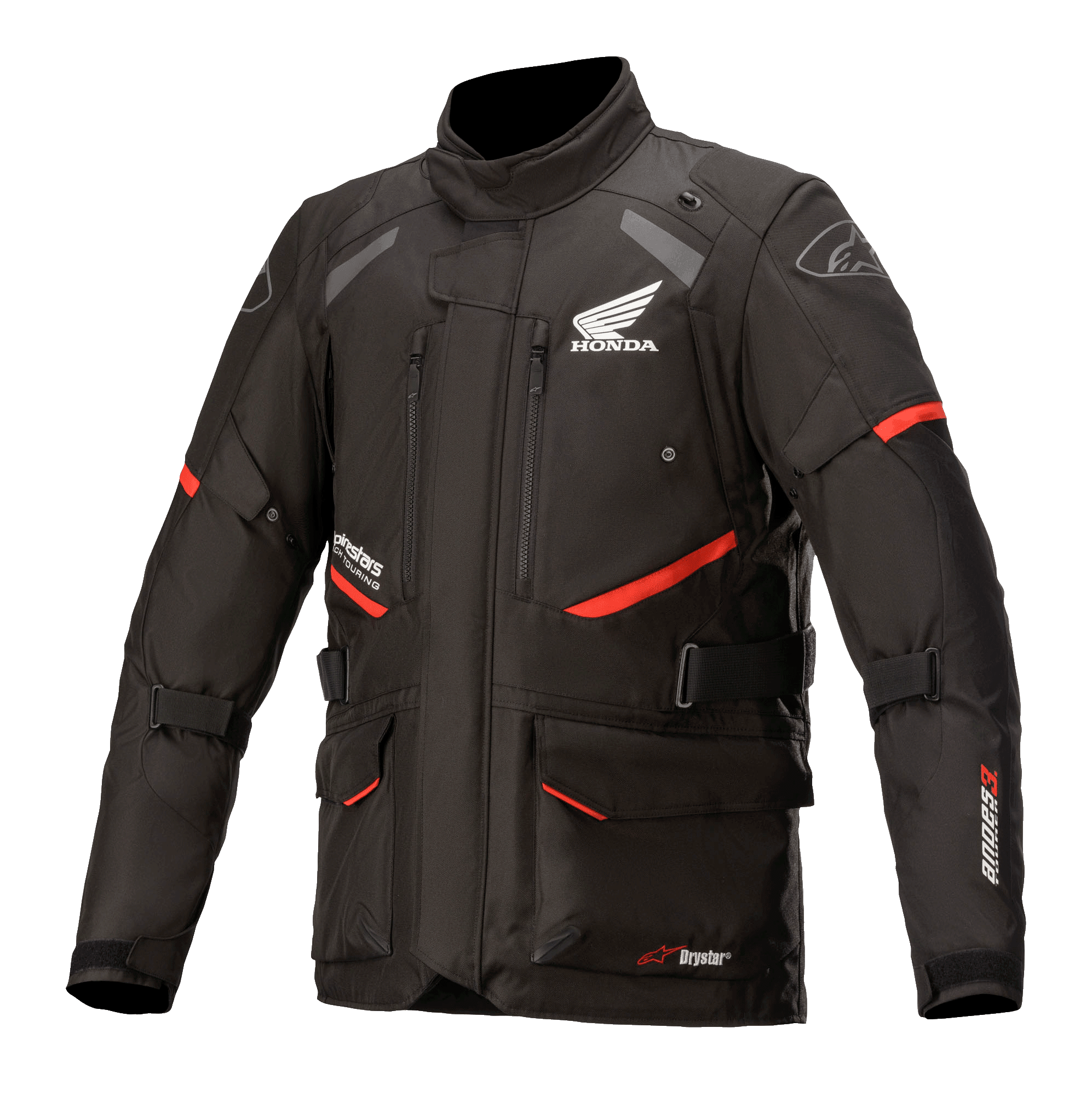 Honda Andes V3 Drystar Jacke, Motorrad-Tourenjacke, Schwarz mit roten Akzenten, Vorderansicht mit großen Cargotaschen und verstellbaren Riemen, technische Textilkonstruktion mit Honda-Flügel und Alpinestars-Logos, Adventure-inspiriertes Design