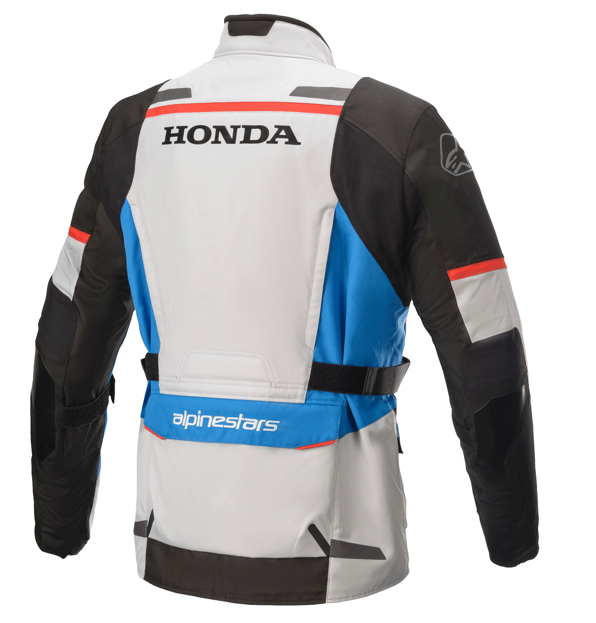 Alpinestars Honda Andes V3 Drystar® Jacke, Textil-Adventure-Touring-Jacke, Eisgrau, Blau und Hellrot, Rückansicht mit Honda- und Alpinestars-Logos, mit schwarzen Ärmeln, blauen Akzenten und verstellbaren Taillengurten
