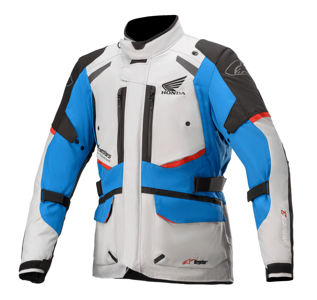 Alpinestars Honda Andes V3 Drystar® Jacke, Motorrad-Tourenjacke, Eisgrau, Blau und leuchtendes Rot, wasserdichtes Design mit hohem Kragen, mehrere Belüftungsöffnungen mit Reißverschluss, Cargotaschen und verstellbare Riemen, mit Honda-Branding