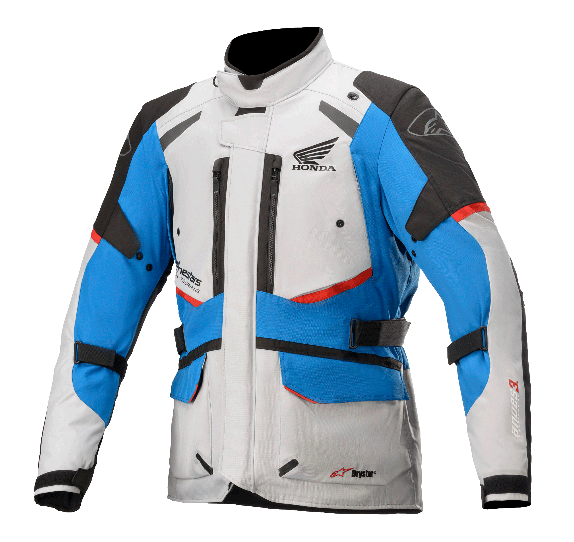 Alpinestars Honda Andes V3 Drystar® Jacke, Motorrad-Tourenjacke, Eisgrau, Blau und leuchtendes Rot, wasserdichtes Design mit hohem Kragen, mehrere Belüftungsöffnungen mit Reißverschluss, Cargotaschen und verstellbare Riemen, mit Honda-Branding