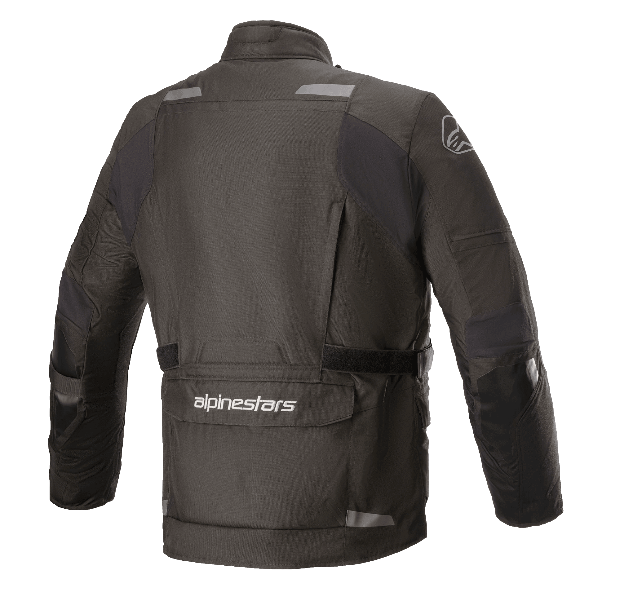 Alpinestars Andes V3 Drystar® Jacke, Motorradjacke, Schwarz, Rückansicht mit großer Mehrzwecktasche unten mit Alpinestars-Branding, reflektierende Akzente an den Schultern und verstellbarer Taillengürtel, strapazierfähiges Textildesign für Adventure-Touren