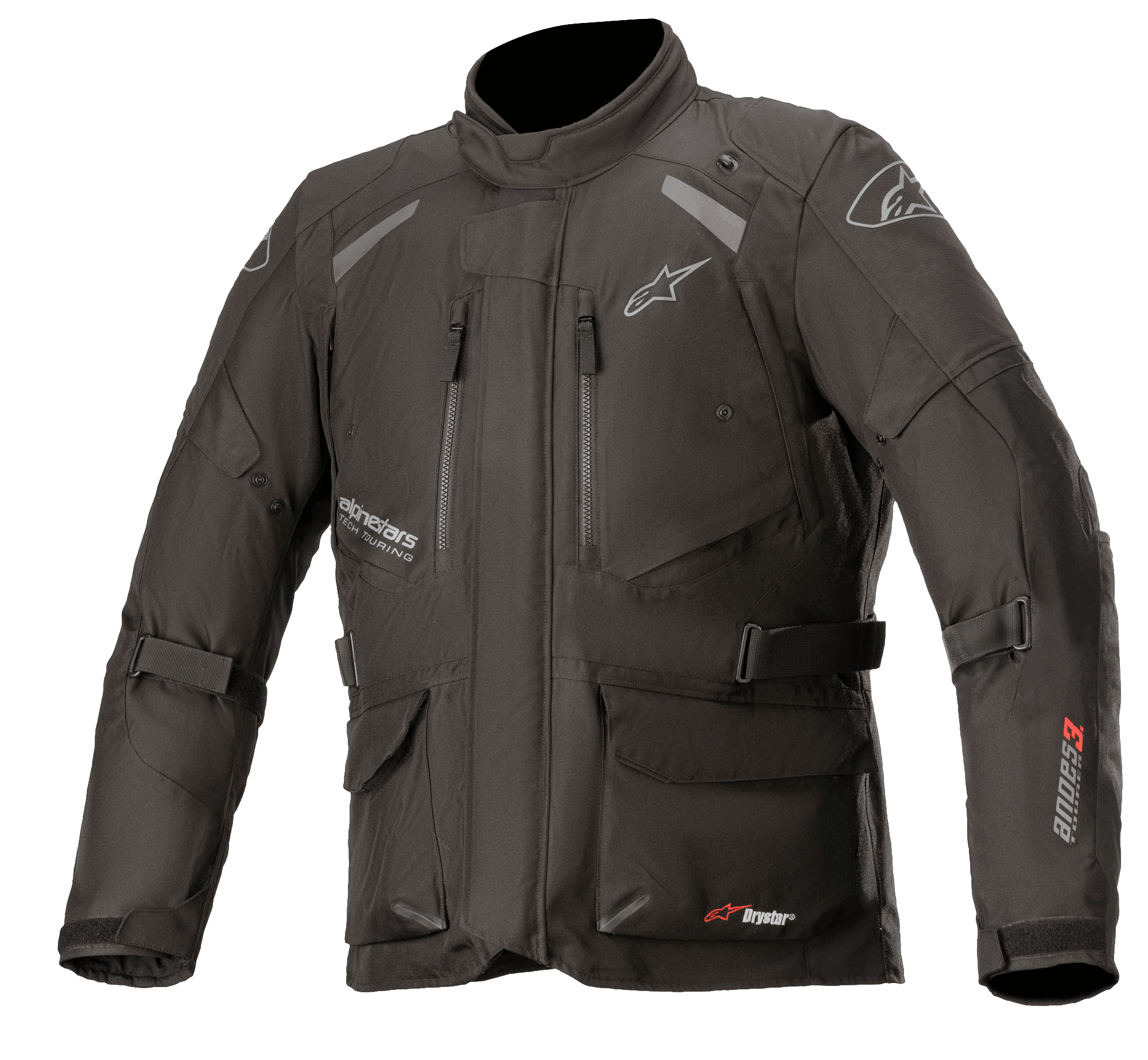 Alpinestars Andes V3 Drystar Jacke, Motorrad-Adventure-Touringjacke, Schwarz mit weißem und rotem Branding, mehrere wasserdichte Cargo-Taschen, verstellbare Riemen für eine individuelle Passform, wetterbeständige Textilkonstruktion, reflektierende Einsätze für Sichtbarkeit
