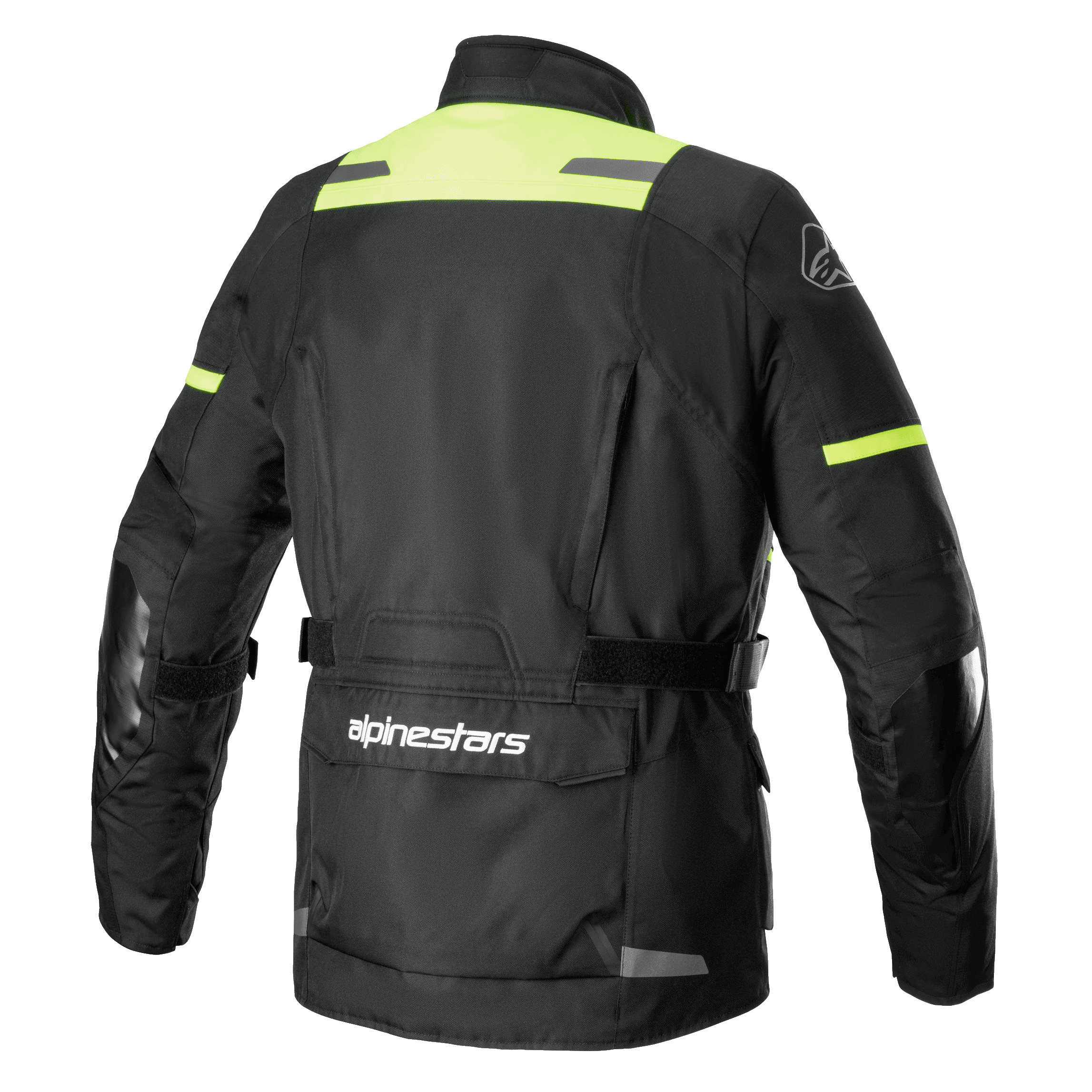 Alpinestars Andes V3 Drystar® Jacke, Rückansicht der Adventure-Motorradjacke in Schwarz und Gelb Fluo, mit einer großen Utility-Tasche am unteren Rücken inklusive Alpinestars-Logo, High-Visibility-Schulterpaneelen und verstellbaren Taillengurten.