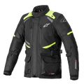 Alpinestars Andes V3 Drystar Jacke, Motorrad-Tourenjacke, Schwarz mit neongelben Akzenten, Brust-Belüftungsöffnungen mit Reißverschluss, große vordere Cargotaschen, verstellbare Taillengurte, Alpinestars-Branding, technische wasserdichte Adventure-Ausrüstung