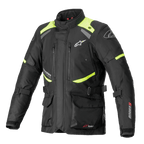 Alpinestars Andes V3 Drystar Jacke, Motorrad-Tourenjacke, Schwarz mit neongelben Akzenten, Brust-Belüftungsöffnungen mit Reißverschluss, große vordere Cargotaschen, verstellbare Taillengurte, Alpinestars-Branding, technische wasserdichte Adventure-Ausrüstung
