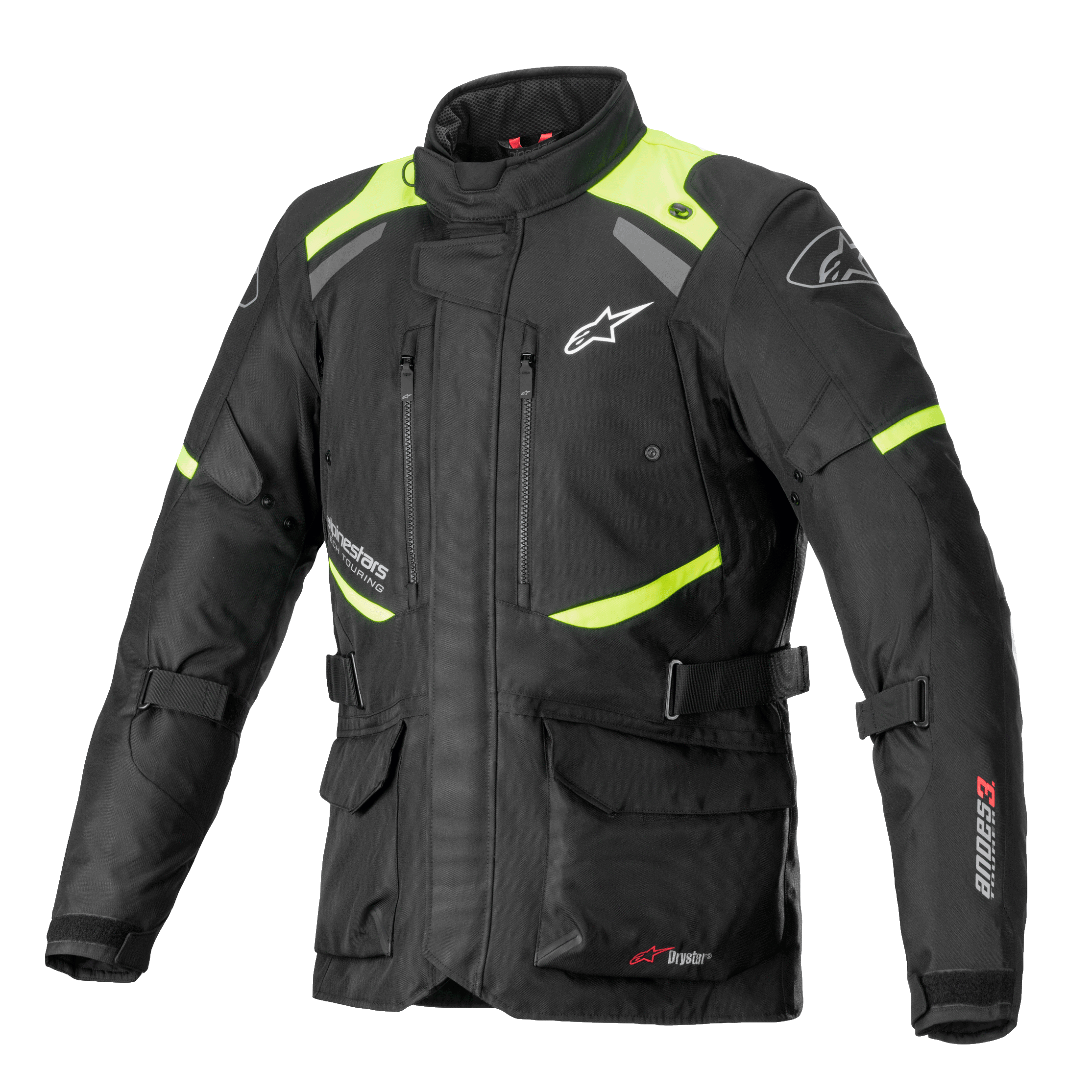 Alpinestars Andes V3 Drystar Jacke, Motorrad-Tourenjacke, Schwarz mit neongelben Akzenten, Brust-Belüftungsöffnungen mit Reißverschluss, große vordere Cargotaschen, verstellbare Taillengurte, Alpinestars-Branding, technische wasserdichte Adventure-Ausrüstung