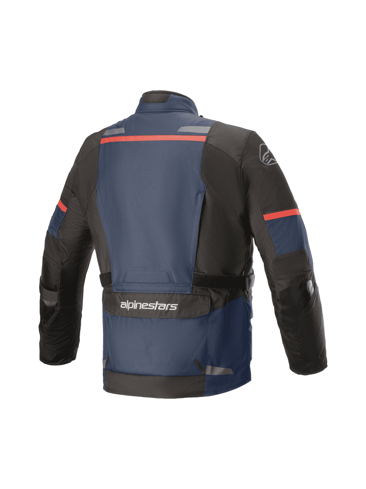 Alpinestars Andes V3 Drystar® Jacke, Adventure-Touring-Motorradjacke, Rückansicht, Dunkelblau und Schwarz mit roten Akzenten, mit einer großen Mehrzwecktasche am unteren Rücken mit Alpinestars-Branding, Reflektorstreifen am oberen Rücken und verstärkten Ellbogenbereichen.