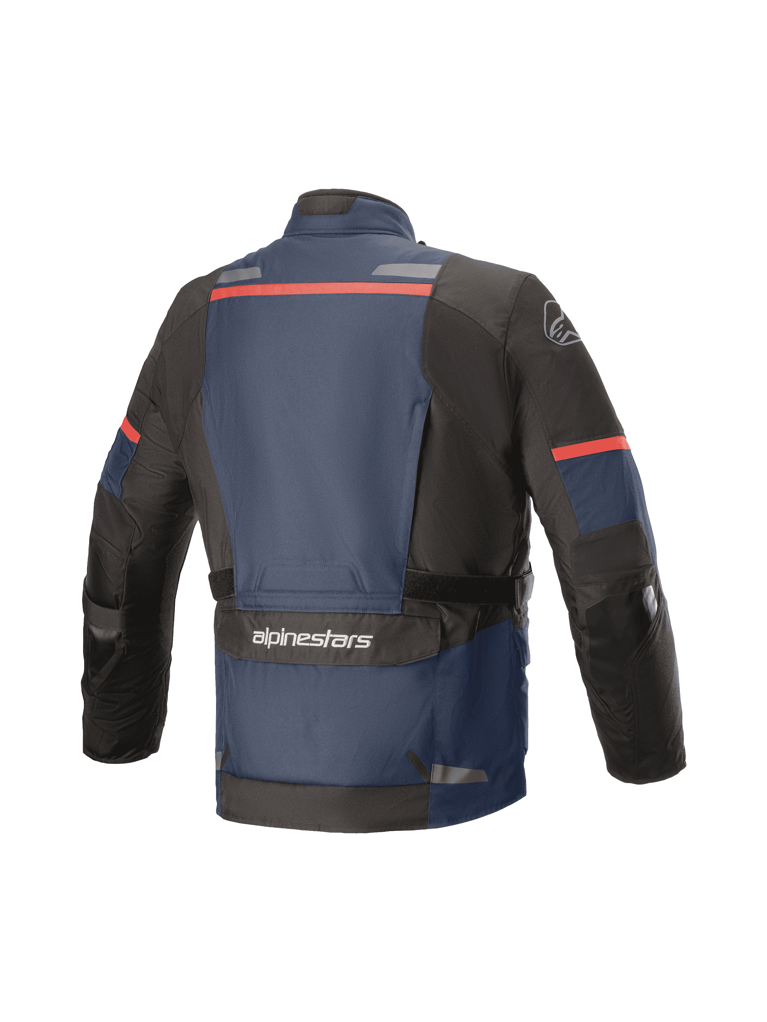 Alpinestars Andes V3 Drystar® Jacke, Adventure-Touring-Motorradjacke, Rückansicht, Dunkelblau und Schwarz mit roten Akzenten, mit einer großen Mehrzwecktasche am unteren Rücken mit Alpinestars-Branding, Reflektorstreifen am oberen Rücken und verstärkten Ellbogenbereichen.