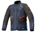 Alpinestars Andes V3 Drystar Jacke, Motorrad-Tourenjacke, Dunkelblau und Schwarz mit roten Akzenten, Vorderansicht mit Belüftungsöffnungen an der Brust, verstellbaren Taillengurten und hohem Kragen, wasserdichte Textilkonstruktion für Adventure-Fahrten