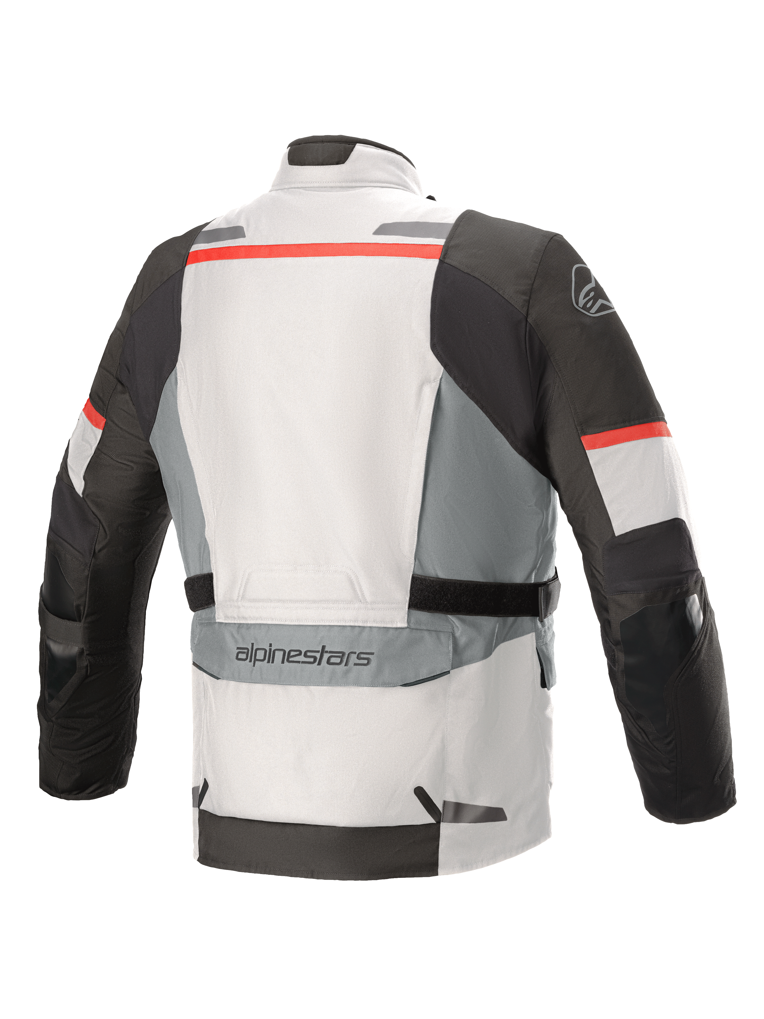 Alpinestars Andes V3 Drystar® Jacket, Ice Gray and Dark Gray with red accents, back view featuring a large utility pocket on the lower back, adjustable waist straps, and reflective detailing on the shoulders and hem.