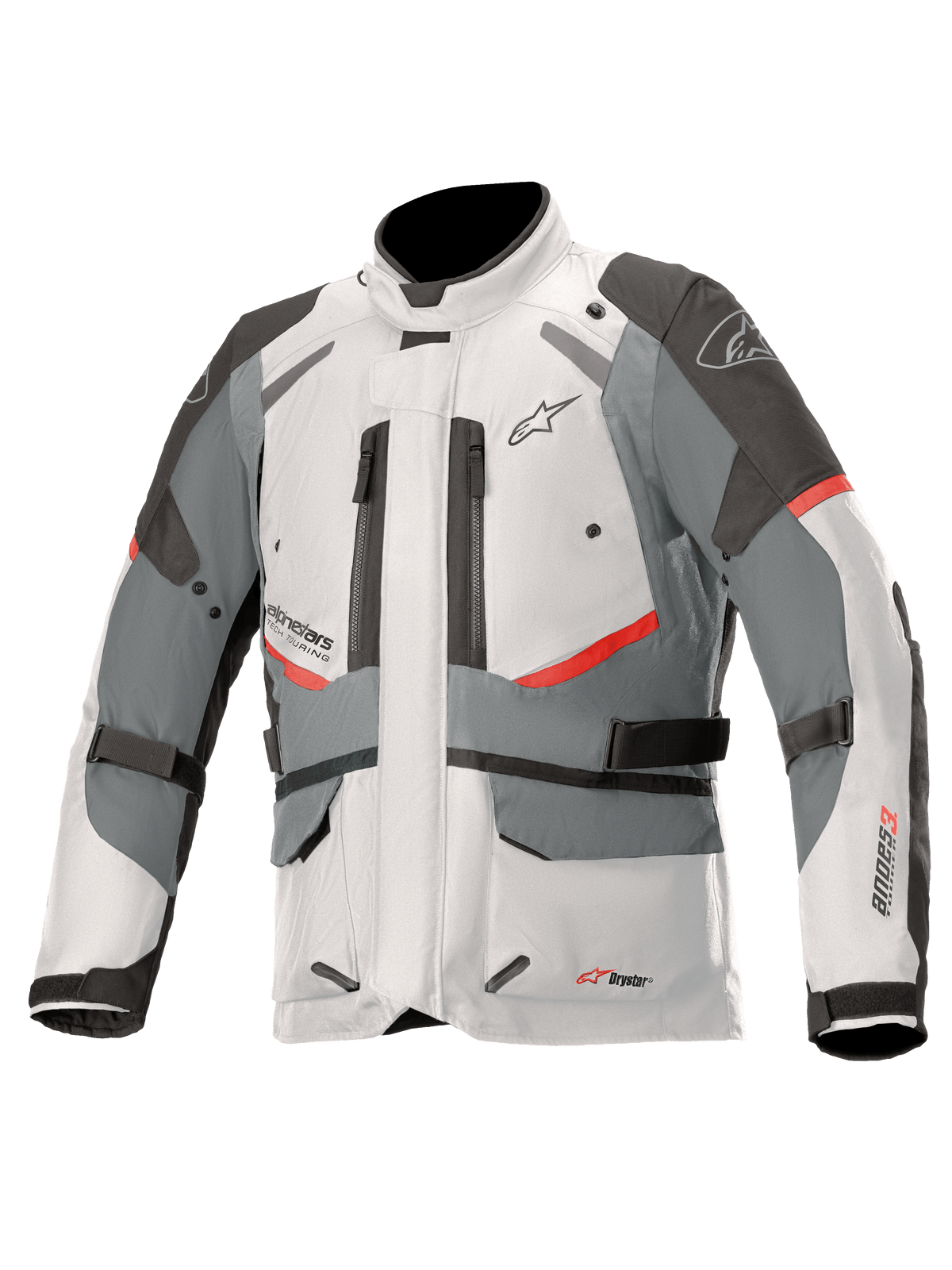 Alpinestars Andes V3 Drystar Jacke, Adventure-Touring-Motorradjacke, Eisgrau und Dunkelgrau mit roten Akzenten, wasserdichte Textilkonstruktion mit Verstellriemen und Belüftungsöffnungen mit Reißverschluss, hoher Kragen für Allwetterschutz