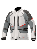 Alpinestars Andes V3 Drystar Jacket, adventure touring motorcycle jacket, ice gray and dark gray with red accents, waterproof textile construction with adjustment straps and zippered vents, high collar design for all-weather protection