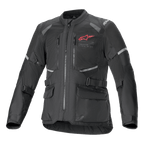 Alpinestars Andes Air Drystar Jacket, Black Adventure Touring Motorcycle Jacket, front view, featuring extensive mesh ventilation panels, a red Alpinestars logo on the chest, reflective accents, and front cargo pockets.