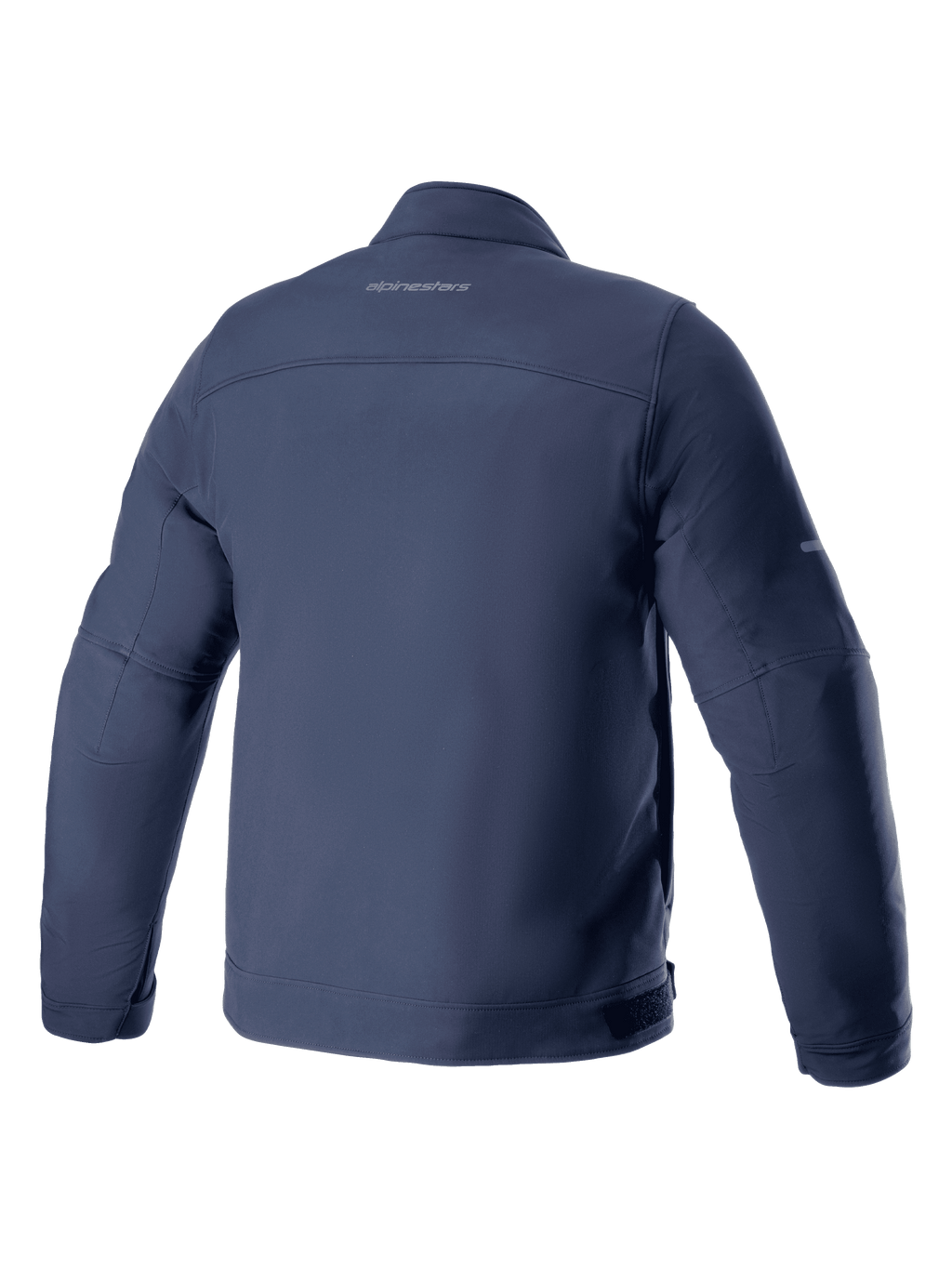 Alpinestars Husker Waterproof Jacke, Motorradjacke, Night Navy, Rückansicht, elastisches Softshell-Textil mit dezentem Branding am oberen Rücken, urbanes Styling mit wasser- und winddichten Eigenschaften