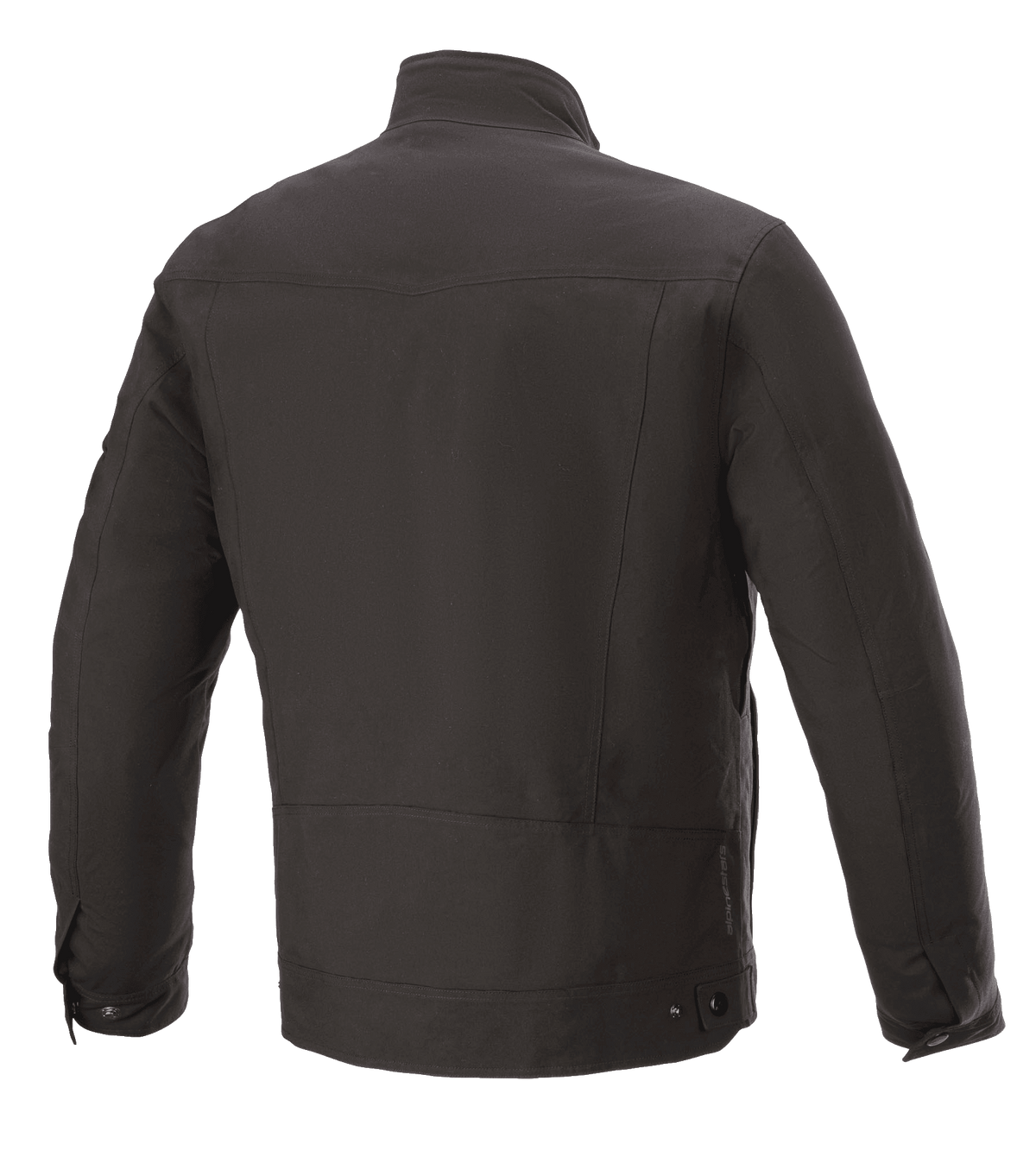Alpinestars Solano Waterproof Jacke, Schwarz, Rückansicht, Lässige Urban-Motorradjacke, Wasserdichte Textilkonstruktion, Gerader Kragen, Dezentes Logo-Detail am unteren Rücken