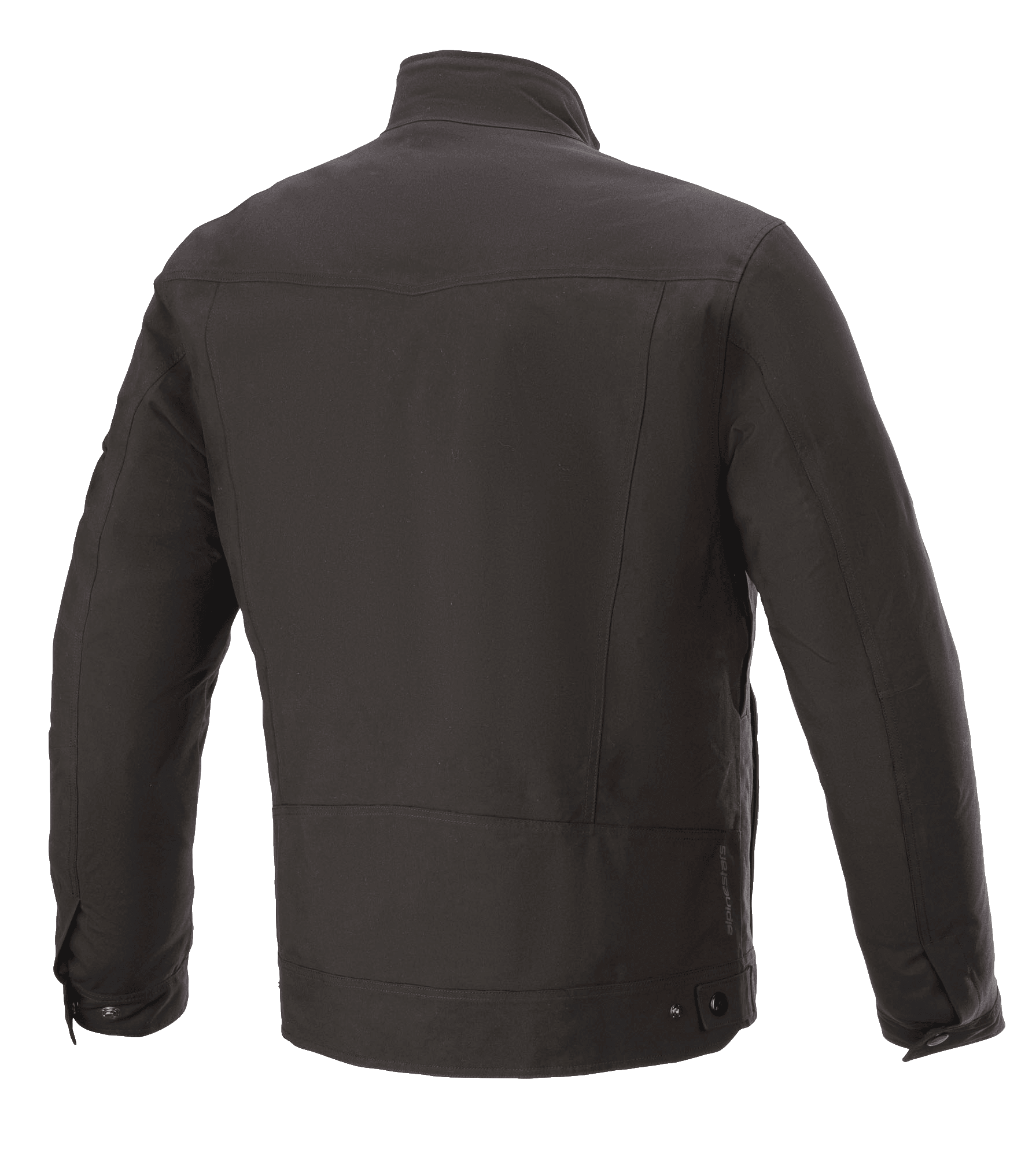 Alpinestars Solano Waterproof Jacke, Schwarz, Rückansicht, Lässige Urban-Motorradjacke, Wasserdichte Textilkonstruktion, Gerader Kragen, Dezentes Logo-Detail am unteren Rücken