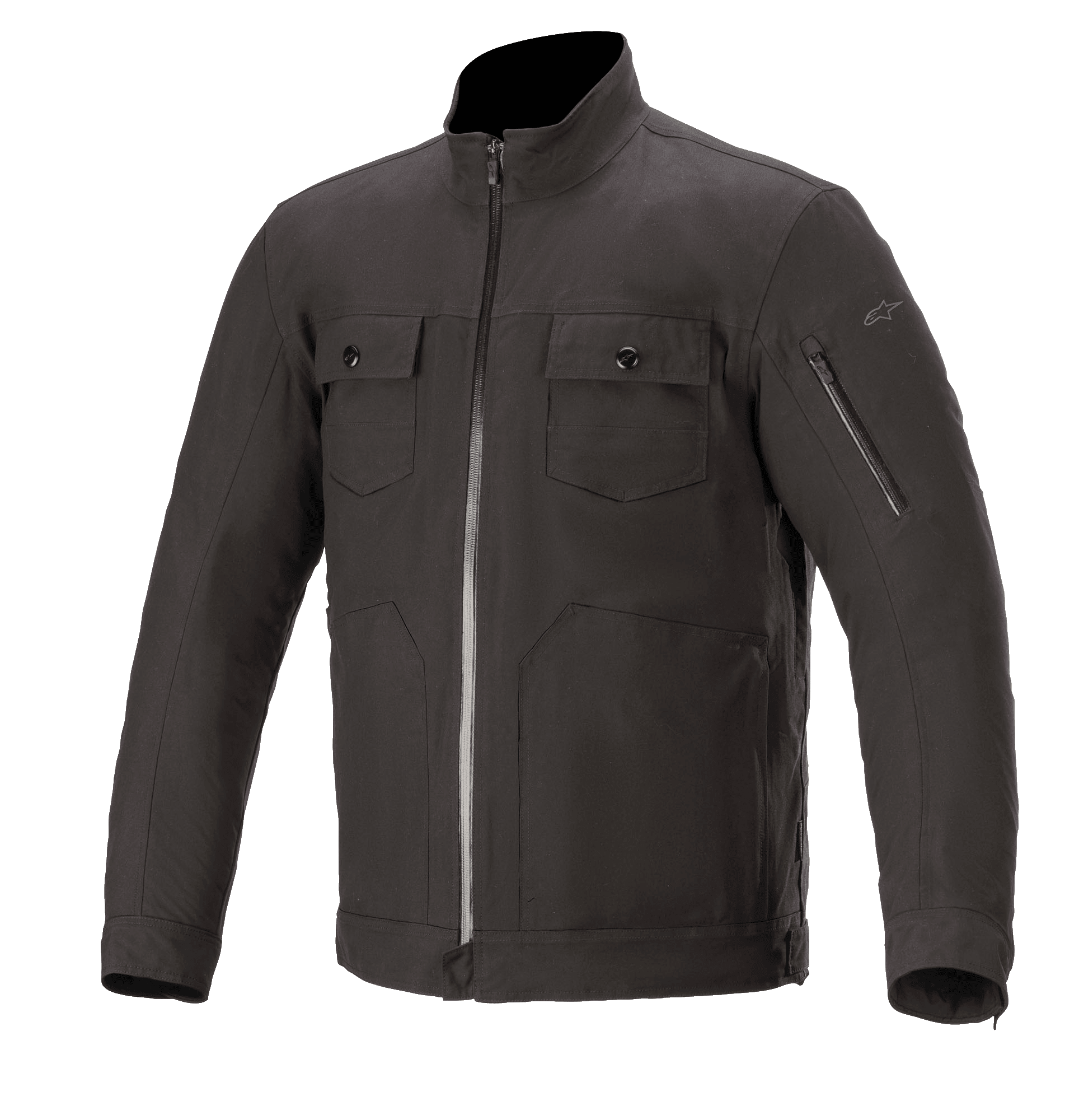 Alpinestars Solano Waterproof Jacke, urbane Motorradjacke, Schwarz, hoher gerader Kragen mit zentralem wasserdichtem Reißverschluss, zwei Brusttaschen mit Knöpfen, Reißverschlusstasche am Ärmel, lässige Textilkonstruktion mit glattem Finish
