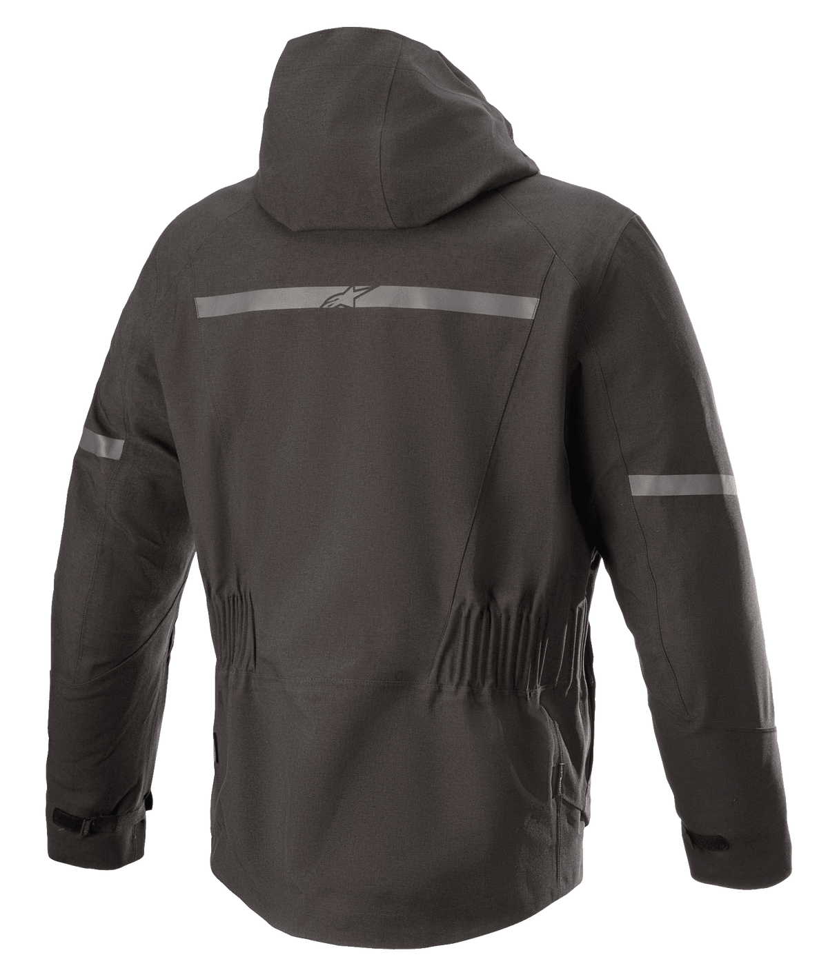 Alpinestars Sirius Drystar® Techshell Jacke, Motorradjacke, Melange Schwarz, Rückansicht mit integrierter Kapuze, Reflektorstreifen mit Alpinestars-Logo, elastischer Taille und verlängerter Rückseite für optimale Abdeckung beim Fahren.