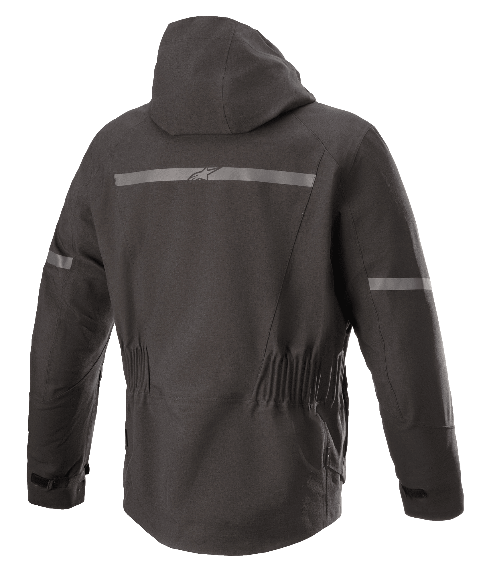 Alpinestars Sirius Drystar® Techshell Jacke, Motorradjacke, Melange Schwarz, Rückansicht mit integrierter Kapuze, Reflektorstreifen mit Alpinestars-Logo, elastischer Taille und verlängerter Rückseite für optimale Abdeckung beim Fahren.