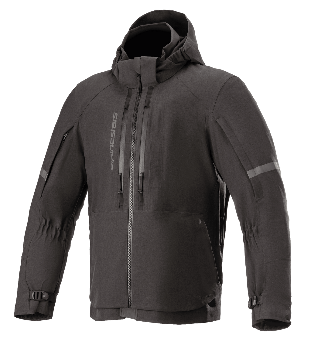 Alpinestars Sirius Drystar Techshell Jacke, Wasserdichte Motorradjacke, Melange Schwarz, Textildesign mit Kapuze, vertikale Brustreißverschlüsse, reflektierende Streifen an den Ärmeln, verstellbare Ärmelbündchen mit Schnallen