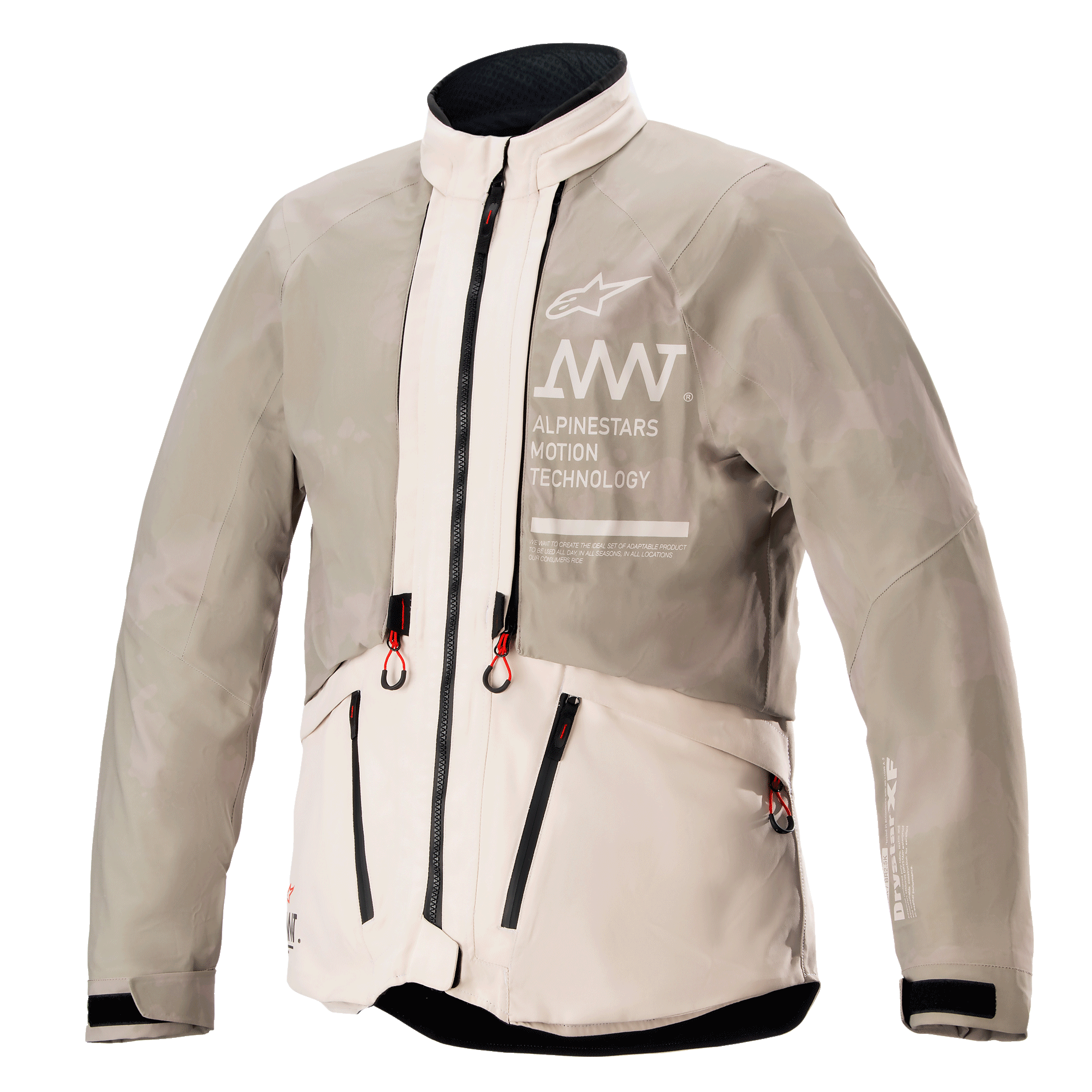 Alpinestars AMT-10LAB Drystar® XF Jacke, Regen-Konfiguration, White Sand Aluminum Camo, wasserdichte Textil-Adventure-Jacke mit AMT-Branding auf der Brust und rot markierten Reißverschluss-Zippern